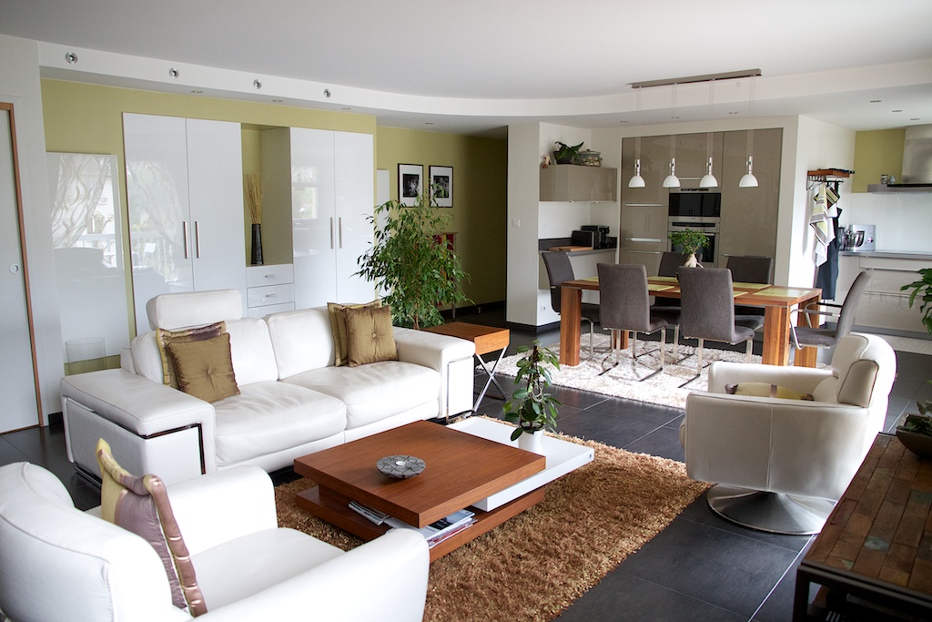 Aménagement intérieur complet d’un séjour et d’une salle à manger.