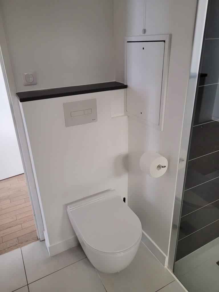 Pose d’un nouveau WC dans une salle de bains rénovée à Paris.