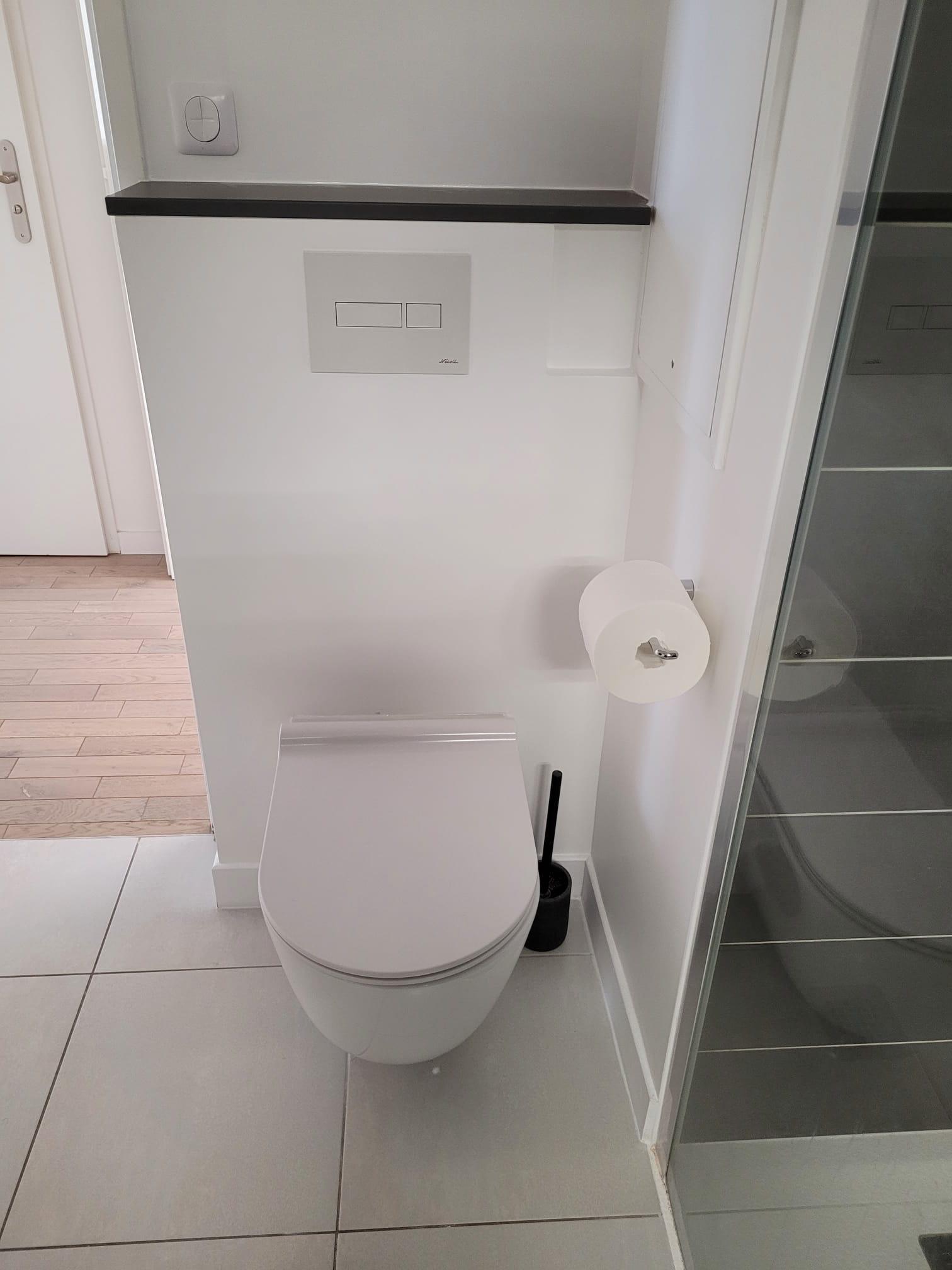 Pose d’un WC suspendu dans une salle de bains rénovée à Paris.