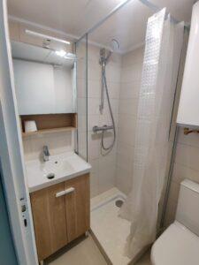 Rénovation d'une salle de bains avec un bac à douche, un wc et un petit meuble vasque