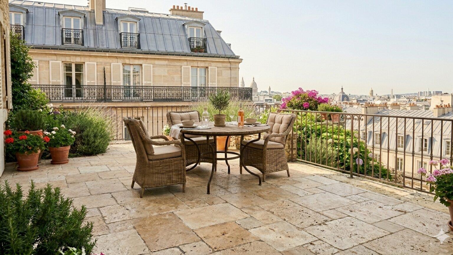Magnifique terrasse parisienne avec mobilier en osier