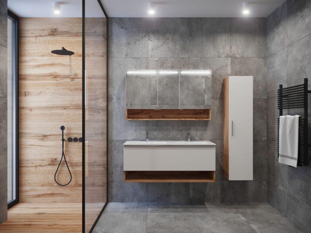 Salle de bain contemporaine en carrelage effet béton et bois avec meuble double vasque